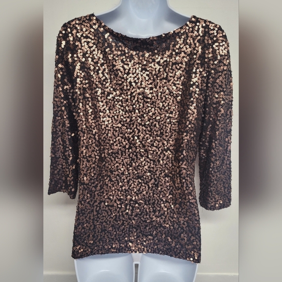 Calvin Klein M Gold Sequin Top Stretch 3/4 Sleeve Like New - Picture 2 of 4
